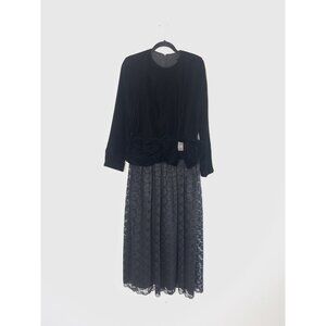 NUIT Vintage 80s Velvet Prom Party Dress Black Lace Dropped Waist Size 12 Glam